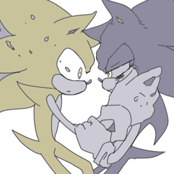 Size: 400x400 | Tagged: safe, artist:34_6, sonic the hedgehog, super sonic, dark form, dark sonic, duo, hand on another's face, lidded eyes, limited palette, looking at each other, self paradox, simple background, super form, white background