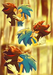 Size: 1450x2048 | Tagged: safe, artist:xio__023, shadow the hedgehog, sonic the hedgehog, 2024, abstract background, dancing, duo, eyes closed, gay, holding each other, lidded eyes, outline, shadow x sonic, shipping, smile