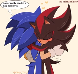 Size: 2048x1946 | Tagged: safe, artist:clery_trixy, shadow the hedgehog, sonic the hedgehog, 2024, alternate view, cream background, cute, duo, english text, eyes closed, gay, heart, hugging, shadow x sonic, shadowbetes, shipping, signature, simple background, standing, tail wagging, thought bubble, typo, wagging tail