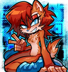 Size: 1500x1600 | Tagged: safe, artist:pontiikii, sally acorn, 2024, abstract background, chest fluff, eye clipping through hair, kneeling, looking at viewer, outline, smile, solo, v sign