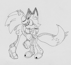 Size: 2011x1846 | Tagged: safe, artist:jeffydust, miles "tails" prower, sonic the hedgehog, 2024, aged up, alternate outfit, blushing, boots, clothes, cute, duo, ear fluff, eyes closed, gay, grey background, holding them, hoodie, kiss on head, line art, looking at them, monochrome, mouth open, older, shipping, simple background, sonic x tails, standing