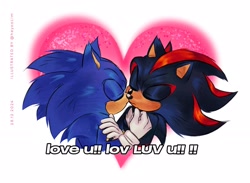 Size: 2048x1503 | Tagged: safe, artist:heyoolim, shadow the hedgehog, sonic the hedgehog, sonic the hedgehog 3 (film), 2024, abstract background, blushing, cute, duo, english text, eyes closed, frown, gay, heart, holding each other, kiss on cheek, shadow x sonic, shipping