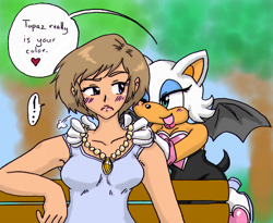 Size: 552x452 | Tagged: safe, artist:cloud-kitsune, agent topaz, rouge the bat, human, ..., 2013, abstract background, bench, blushing, dialogue, duo, english text, exclamation mark, frown, heart, lesbian, looking at each other, looking at them, necklace, outdoors, rouge x topaz, shipping, sitting, smile, speech bubble, tree, wink