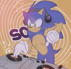 Size: 1168x1136 | Tagged: safe, artist:daisiesarecool, sonic the hedgehog, abstract background, arm fluff, blushing, character name, chest fluff, dj, ear fluff, headphones, looking offscreen, musical note, shoulder fluff, signature, smile, solo, standing, star (symbol), top surgery scars, trans male, transgender