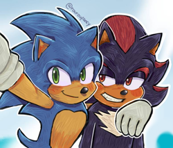 Size: 776x662 | Tagged: safe, artist:daisiesarecool, shadow the hedgehog, sonic the hedgehog, 2024, abstract background, arm around shoulders, blushing, cheek to cheek, clenched teeth, duo, gay, looking at viewer, outline, selfie, shadow x sonic, shipping, signature, smile, standing