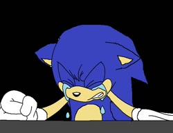 Size: 640x493 | Tagged: safe, artist:sontailss, sonic the hedgehog, 2011, base used, black background, clenched fists, clenched teeth, crying, eyes closed, flat colors, ms paint, simple background, solo, tears, tears of happiness