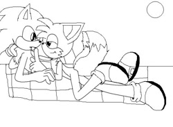 Size: 600x438 | Tagged: safe, artist:kmwblackbelt, artist:sontailss, miles "tails" prower, sonic the hedgehog, arm around shoulders, base used, blanket, duo, gay, lidded eyes, line art, looking at each other, lying on front, ms paint, outdoors, shipping, shooshing, simple background, smile, sonic x tails, sun, white background