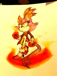 Size: 768x1024 | Tagged: safe, artist:gloomy bloomy, blaze the cat, 2020, fire, flame, flying, frown, looking offscreen, mid-air, solo, traditional media