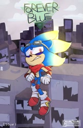 Size: 665x1024 | Tagged: safe, artist:gloomy bloomy, sonic the hedgehog, comic:!forever blue, 2020, abstract background, alternate outfit, armpads, bandana, comic, comic cover, floppy ears, flying, goggles, kneepads, mid-air, red eyes, signature, solo, torn gloves, torn socks