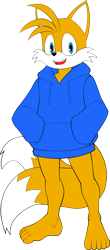 Size: 893x2035 | Tagged: safe, artist:darkshiner8, miles "tails" prower, 2022, alternate outfit, barefoot, flat colors, hands in pocket, hoodie, looking at viewer, mouth open, simple background, smile, solo, standing, transparent background