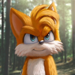 Size: 1000x1000 | Tagged: safe, artist:narvinalila, miles "tails" prower, 2022, abstract background, lineless, looking offscreen, photographic background, signature, smile, solo, tree