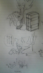 Size: 240x400 | Tagged: safe, artist:34_6, sonic the hedgehog, super sonic, dark form, dark sonic, duo, greyscale, holding something, japanese text, monochrome, pencilwork, self paradox, severed head, speech bubble, suitcase, super form, traditional media