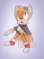 Size: 768x1024 | Tagged: safe, artist:nexythewolf9, miles "tails" prower, the murder of sonic the hedgehog, 2023, gradient background, hat, looking up, mouth open, one fang, poncho, solo