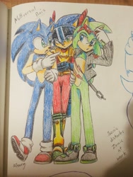 Size: 3024x4032 | Tagged: safe, artist:animesonic2, scourge the hedgehog, sonic the hedgehog, zonic the zone cop, 2022, arms folded, crayonwork, english text, looking at them, looking at viewer, pencilwork, pointing, self paradox, signature, standing, traditional media, trio