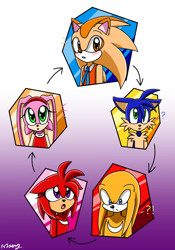 Size: 900x1284 | Tagged: safe, artist:animesonic2, amy rose, cream the rabbit, knuckles the echidna, miles "tails" prower, sonic the hedgehog, 2018, blushing, color swap, exclamation mark, floppy ears, frown, gradient background, looking at viewer, looking down, looking offscreen, mouth open, outfit swap, question mark, signature