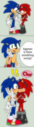 Size: 392x1470 | Tagged: safe, artist:aishapachia, robotnik, sonic the hedgehog, hedgehog, 2012, chu, dialogue, duo, english text, frizzed, gay, green background, hand on another's face, kiss, mobianified, panels, redraw, robotnik x sonic, sfx, shipping, simple background, speech bubble, standing, surprise kiss, surprised