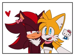 Size: 2000x1500 | Tagged: safe, artist:jhoycookie, miles "tails" prower, shadow the hedgehog, 2024, blushing, border, bow, crop top, cute, duo, gay, heart, hello kitty, lidded eyes, looking at viewer, mouth open, sanrio, selfie, shadow x tails, shadowbetes, shipping, simple background, smile, tailabetes, white background