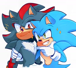 Size: 2048x1823 | Tagged: safe, artist:jakeline_mt, shadow the hedgehog, sonic the hedgehog, sonic the hedgehog 3 (film), 2024, arm around shoulders, duo, finger under chin, holding another's arm, looking at viewer, looking offscreen, signature, simple background, smile, sparkles, standing, white background