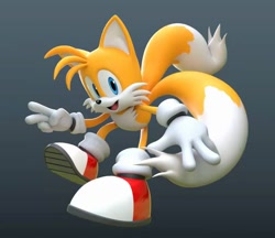 Size: 832x720 | Tagged: safe, artist:tbsf-yt, miles "tails" prower, sonic adventure 2, 2024, 3d, gradient background, looking at viewer, mouth open, posing, redraw, smile, solo, v sign