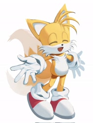 Size: 1551x2048 | Tagged: safe, artist:rmmmrn, miles "tails" prower, 2024, arms out, cute, eyes closed, lineless, mouth open, simple background, smile, solo, standing, tailabetes, white background