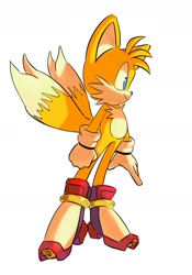 Size: 719x1030 | Tagged: safe, artist:firepowur, miles "tails" prower, 2024, cute, looking offscreen, shadow's hover skates, shoe swap, simple background, smile, solo, standing, tailabetes, white background