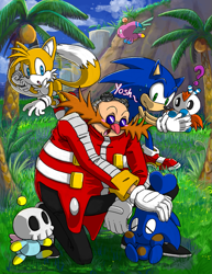 Size: 1275x1650 | Tagged: safe, artist:nenikat, miles "tails" prower, robotnik, sonic the hedgehog, chao, chao garden, group, sonic chao