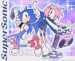 Size: 3190x2590 | Tagged: safe, artist:runred, amy rose, sonic the hedgehog, alternate outfit, boombox, duo, english text, fashion, grin, headphones, jacket, smile, v sign