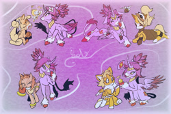 Size: 2048x1365 | Tagged: safe, artist:llsolll, amy rose, blaze the cat, cheese (chao), cream the rabbit, miles "tails" prower, whisper the wolf, abstract background, alicorn, earth pony, pegasus, piko piko hammer, ponified, pony, species swap