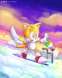 Size: 1024x1280 | Tagged: safe, artist:jonatan salazar, miles "tails" prower, 2023, abstract background, arms out, classic tails, clouds, ice cap zone, looking ahead, looking offscreen, mouth open, outdoors, smile, snow, snowboard, snowboarding, solo, sonic the hedgehog 3