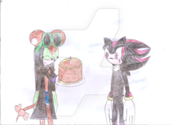 Size: 400x291 | Tagged: safe, artist:thunder-the-mouse, shadow the hedgehog, oc, oc:thunder dark the hedgemouse, traditional media