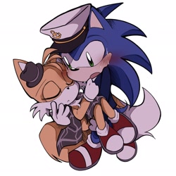 Size: 2048x2048 | Tagged: safe, artist:pain101101, miles "tails" prower, sonic the hedgehog, the murder of sonic the hedgehog, 2024, blushing, carrying them, cute, duo, eyes closed, gay, holding them, looking at them, mouth open, shipping, simple background, sonic x tails, sweatdrop, white background