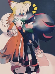 Size: 1536x2048 | Tagged: safe, artist:koko_ntiha, miles "tails" prower, shadow the hedgehog, 2024, abstract background, aged up, bag, blushing, blushing ears, duo, frown, gay, holding something, lidded eyes, long hair, looking at each other, mouth open, older, shadow x tails, shipping, standing