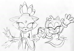 Size: 2048x1430 | Tagged: safe, artist:sonicrelated, amy rose, blaze the cat, 2024, amy x blaze, blushing, duo, eyes closed, flustered, lesbian, line art, looking down, shipping, simple background, smile, standing, traditional media, wagging tail, waving, white background