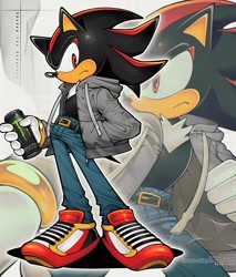 Size: 1745x2048 | Tagged: safe, artist:7_0cc_nanashi, shadow the hedgehog, 2024, alternate outfit, clothes, echo background, fizzy soda can, frown, hand in pocket, holding something, jacket, jeans, looking at viewer, monster energy drink, pants, signature, solo, standing