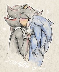 Size: 1280x1553 | Tagged: safe, artist:pixeloze, shadow the hedgehog, sonic the hedgehog, 2019, blushing, duo, eyes closed, gay, holding each other, kiss, shadow x sonic, shipping