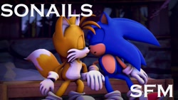 Size: 1280x720 | Tagged: safe, artist:borck unleashed, miles "tails" prower, sonic the hedgehog, 2018, 3d, abstract background, duo, english text, eyes closed, gay, imminent kissing, outdoors, sfm, shipping, sitting, sonic x tails, youtube thumbnail