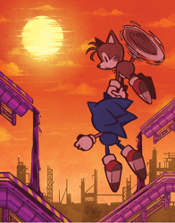 Size: 962x1225 | Tagged: safe, artist:jnwiedle, miles "tails" prower, sonic the hedgehog, oil ocean zone, sonic the hedgehog 2, abstract background, carrying them, clouds, duo, flying, holding hands, oil, spinning tails, sun