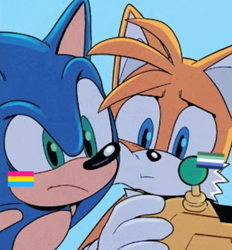 Size: 419x452 | Tagged: safe, miles "tails" prower, sonic the hedgehog, cheek to cheek, duo, edit, frown, gay, miles electric, mlm pride, pansexual, pansexual pride, sexuality headcanon, shipping, sonic x tails