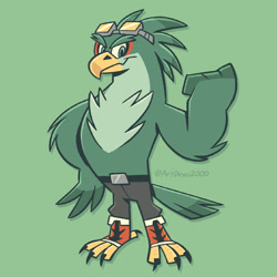 Size: 1800x1800 | Tagged: safe, artist:artdexo2000, jet the hawk, belt, claws, goggles, goggles on head, hawk, male, pants, redesign, simple background, smiling, solo, wings