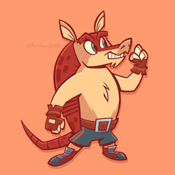 Size: 1800x1800 | Tagged: safe, artist:artdexo2000, mighty the armadillo, armadillo, arm up, belt, blue eyes, clothes, fingerless gloves, male, redesign, shoes, shorts, simple background, smiling, solo