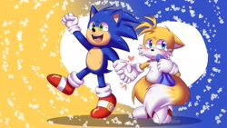 Size: 1920x1080 | Tagged: safe, artist:laclau349, miles "tails" prower, sonic the hedgehog, 2020, abstract background, blushing, duo, floppy ears, frown, gay, handkerchief, heart, holding hands, holding something, movie style, shipping, smile, sonic x tails, standing, walking