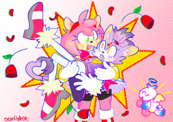 Size: 1280x904 | Tagged: safe, artist:starfloat, amy rose, blaze the cat, cat, chao, hedgehog, 2019, amy x blaze, amy's halterneck dress, blaze's tailcoat, carrying them, cupid arrow, cute, eyes closed, female, females only, flowers, hero chao, lesbian, looking at each other, mouth open, rose, shipping