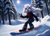 Size: 1056x768 | Tagged: safe, ai art, artist:mobians.ai, oc, dog, 2024, abstract background, daytime, female, long hair, looking ahead, mouth open, outdoors, smile, snow, snowboard, snowboarding, snowing, solo, sun, tree, unknown oc, v sign, white fur