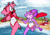 Size: 2048x1423 | Tagged: safe, artist:jane-trademark, amy rose, blaze the cat, rouge the bat, bat, cat, hedgehog, 2023, amy x blaze, beach, breasts, cute, female, females only, holding hands, lesbian, sandals, shipping, sunglasses, swimsuit, umbrella