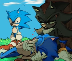 Size: 1024x869 | Tagged: safe, artist:vandekinang, shadow the hedgehog, sonic the hedgehog, sonic x shadow generations, 2024, abstract background, classic sonic, clouds, daytime, gay, grass, heart, looking at them, outdoors, shadow x sonic, shipping, sitting, sleeping, third wheel, tree, trio, under a tree