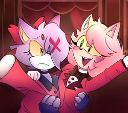 Size: 1731x1532 | Tagged: safe, artist:imavymimi, amy rose, blaze the cat, cat, hedgehog, 2024, amy x blaze, amybetes, carrying them, chaggie, charlie morningstar, cosplay, crossover, cute, female, females only, hazbin hotel, hellaverse, lesbian, looking at each other, mouth open, shipping, smile, vaggie