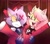 Size: 1731x1532 | Tagged: safe, artist:imavymimi, amy rose, blaze the cat, cat, hedgehog, 2024, amy x blaze, amybetes, carrying them, chaggie, charlie morningstar, cosplay, crossover, cute, female, females only, hazbin hotel, hellaverse, lesbian, looking at each other, mouth open, shipping, smile, vaggie