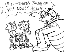 Size: 969x798 | Tagged: safe, artist:emthimofnight, robotnik, shadow the hedgehog, sonic the hedgehog, oc, oc:stellar the hedgehog, hedgehog, sonic x shadow generations, 2024, dialogue, english text, family, fankid, father and child, father and daughter, gay, group, holding hands, line art, magical gay spawn, parent:shadow, parent:sonic, parents:sonadow, shadow x sonic, shipping, simple background, standing, white background