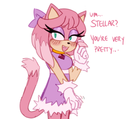 Size: 932x882 | Tagged: safe, artist:emthimofnight, oc, oc:camellia the cat, cat, blushing, camilla x stellar, dialogue, english text, flirting, lesbian, lidded eyes, magical lesbian spawn, oc x oc, offscreen character, parent:amy, parent:blaze, parents:blazamy, shipping, simple background, solo, white background