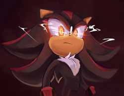 Size: 1256x968 | Tagged: safe, artist:fettiowi, shadow the hedgehog, hedgehog, sonic x shadow generations, frown, glowing eyes, looking at viewer, red background, simple background, solo, standing